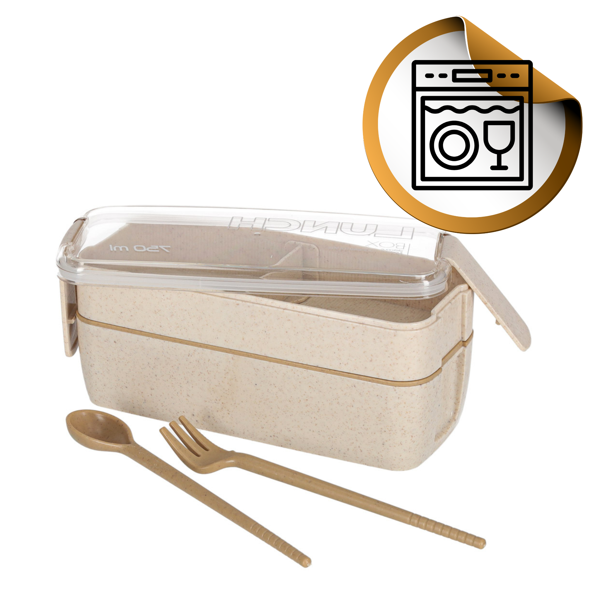 Beżowy lunchbox z przegródkami i przezroczystą pokrywką, obok leżą sztućce: łyżka i widelec. Na pokrywce widoczny napis \'750 ml\', a w rogu znajduje się ikona z symbolem zmywarki.