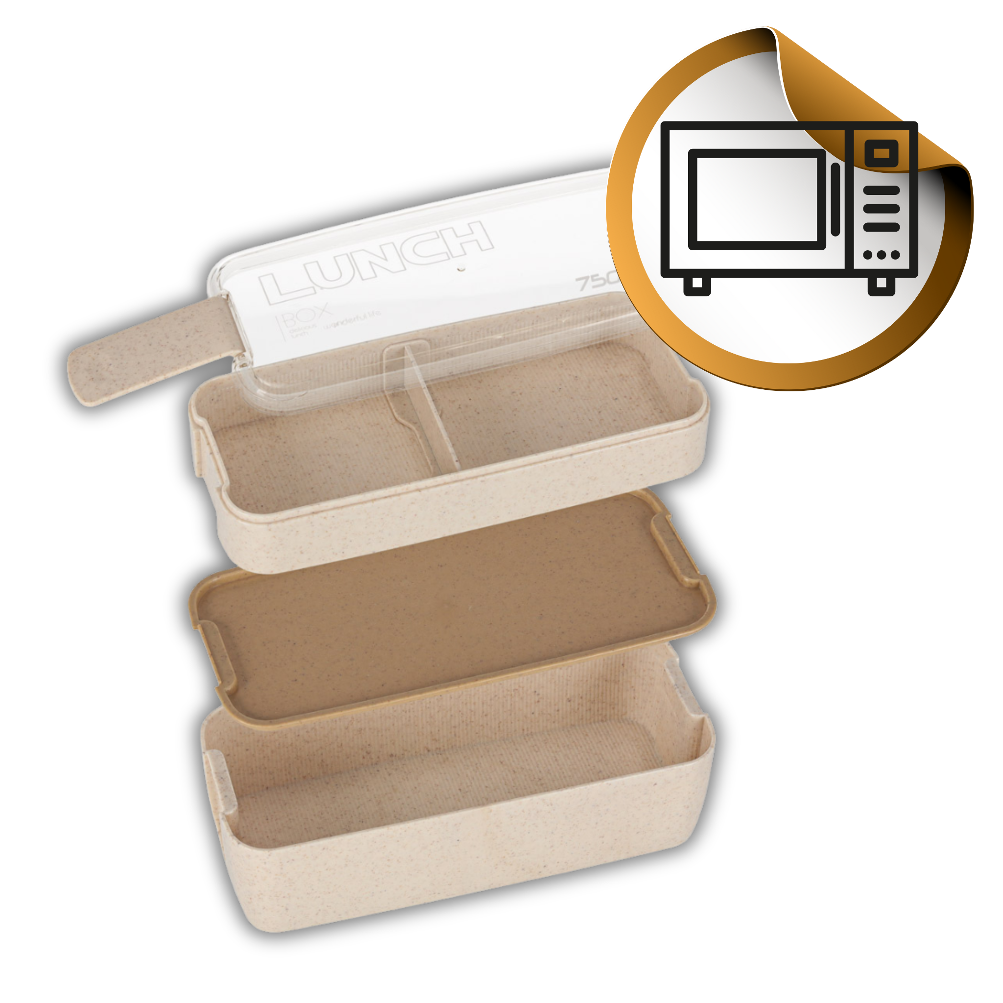Na obrazie widoczny jest otwarty lunchbox z przegródkami, wykonany z materiału w kolorze beżowym. Obok znajduje się ikona mikrofalówki na złotym tle, a na pokrywce napis \'LUNCH\'.