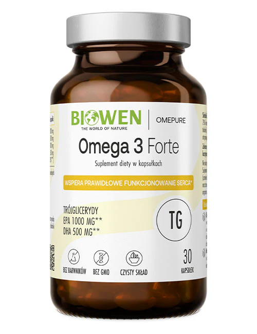 Butelka z etykietą \'Biowen Omega 3 Forte\', suplement diety w kapsułkach. Na etykiecie widnieje informacja o wspieraniu prawidłowego funkcjonowania serca oraz zawartości EPA 1000 mg i DHA 500 mg.