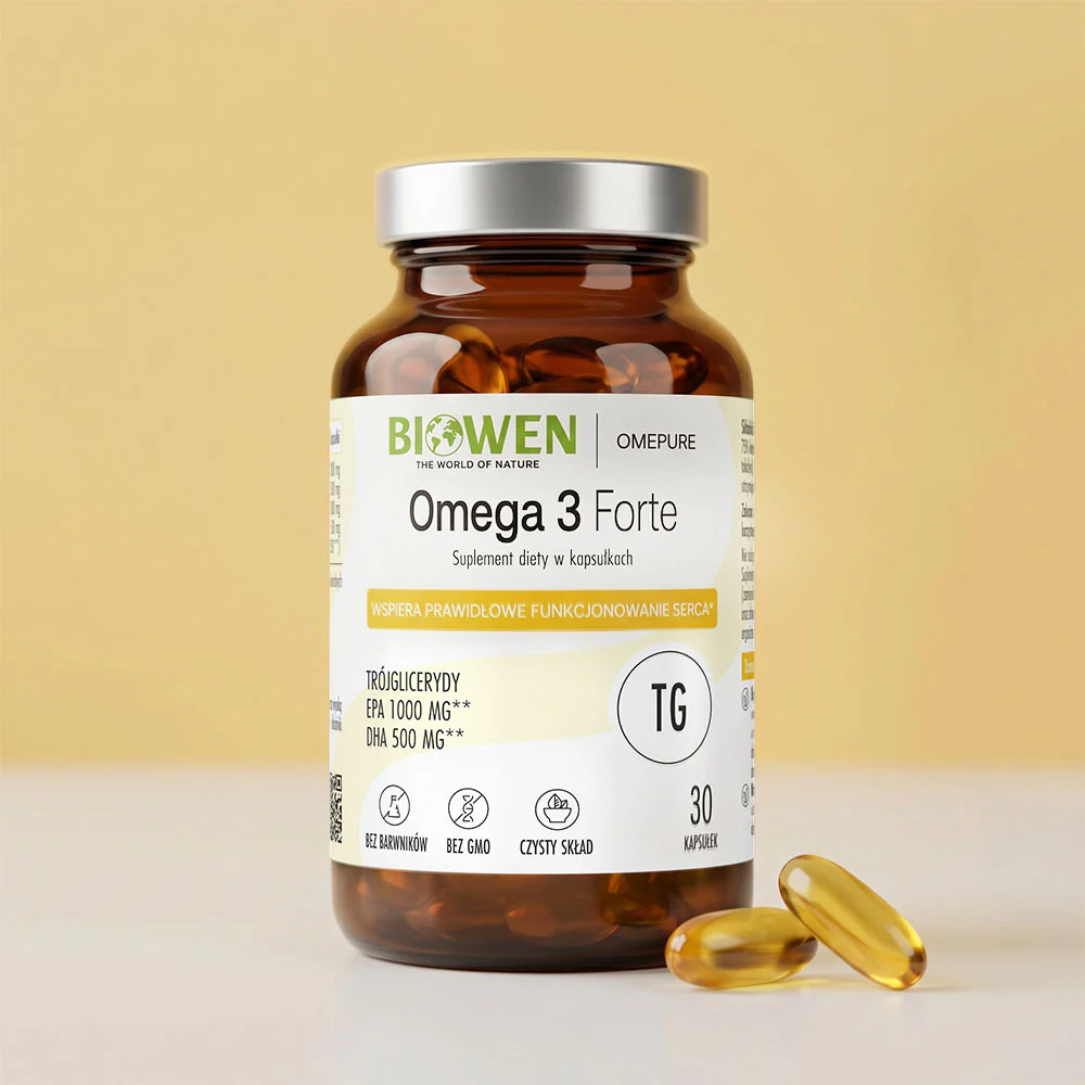 Szklana butelka z etykietą \'Biowen Omega 3 Forte Suplement diety w kapsułkach\' oraz napisem \'Wspiera prawidłowe funkcjonowanie serca\'. Obok butelki leżą dwie żółte kapsułki.