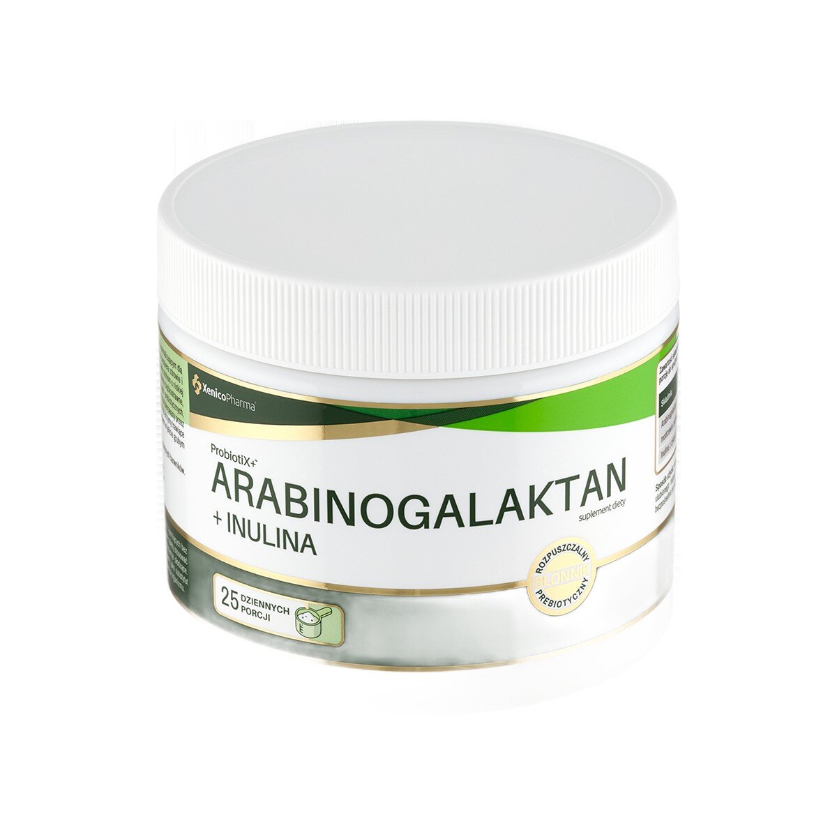 Biały pojemnik z zielonymi i złotymi elementami, na którym widnieje napis \'Probiotix Arabinogalaktan + Inulina\'. Na etykiecie znajduje się również informacja \'25 dziennych porcji\'.