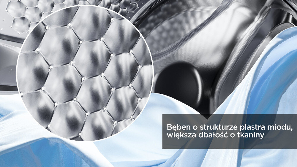Obraz przedstawia zbliżenie na bęben pralki o strukturze plastra miodu. Na obrazie widoczny jest tekst: \'Bęben o strukturze plastra miodu, większa dbałość o tkaniny\'.
