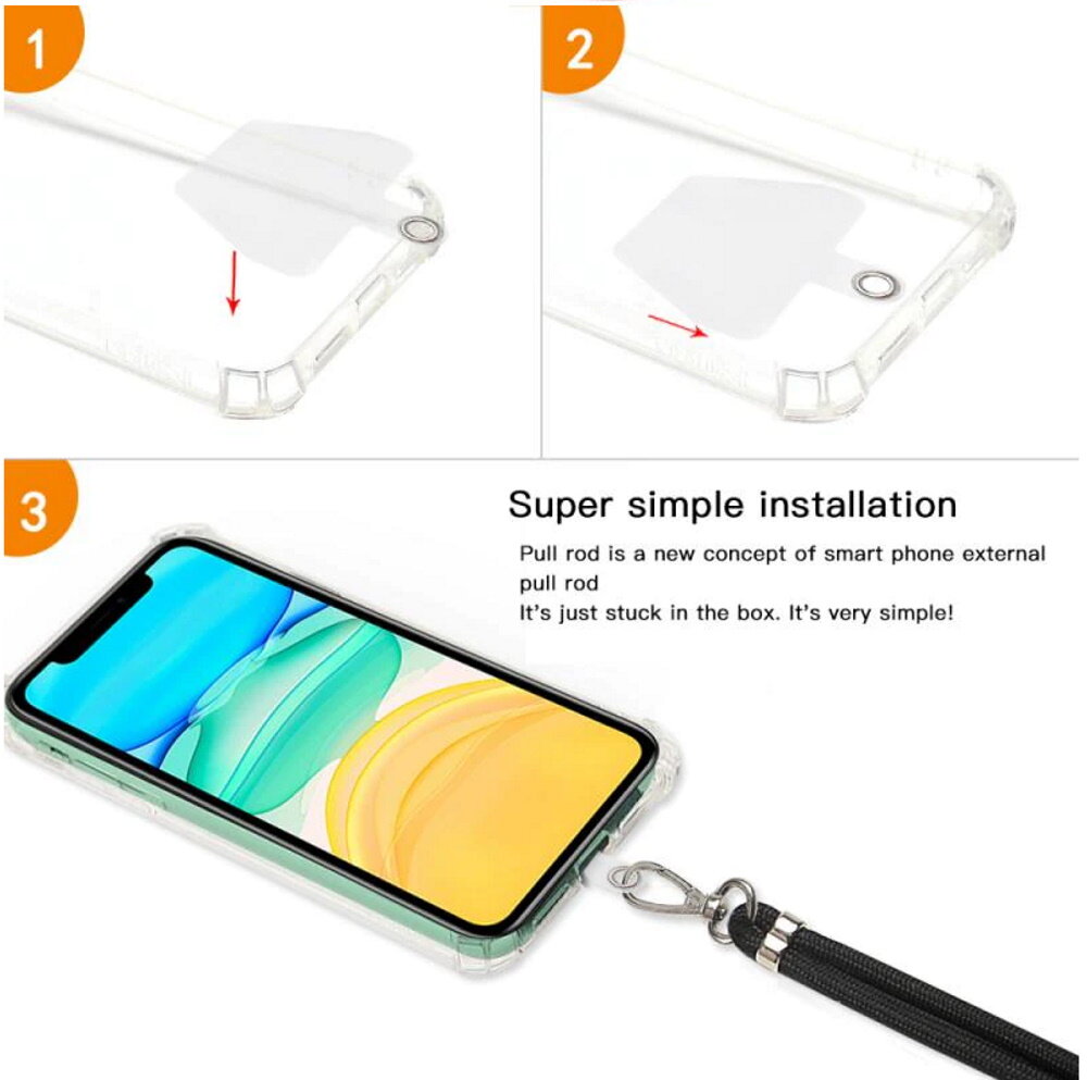 Obraz przedstawia trzy etapy instalacji przezroczystego etui na telefon z dołączoną smyczą. Widoczny jest tekst: \'Super simple installation. Pull rod is a new concept of smart phone external pull rod. It\'s just stuck in the box. It\'s very simple!\'
