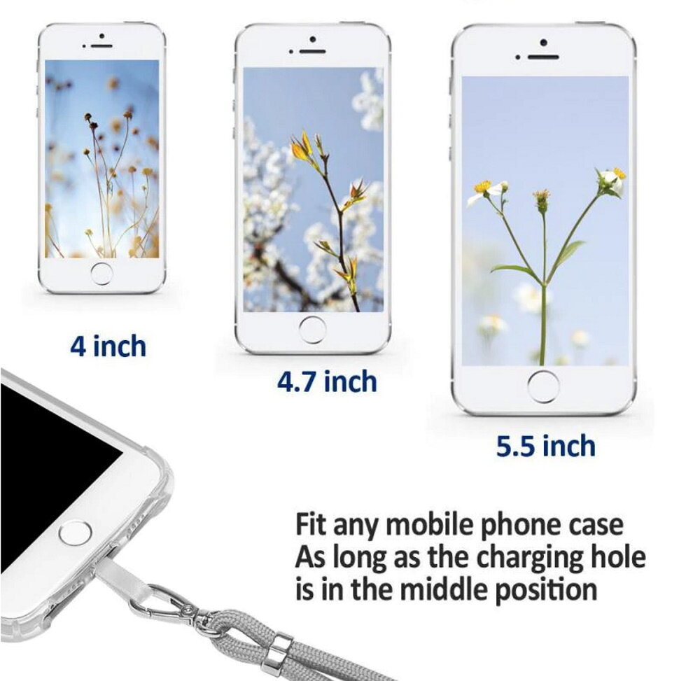 Obraz przedstawia trzy telefony z różnymi rozmiarami ekranów: 4 inch, 4.7 inch i 5.5 inch, z widocznymi zdjęciami kwiatów na ekranach. Na dole znajduje się tekst: \'Fit any mobile phone case As long as the charging hole is in the middle position\'.