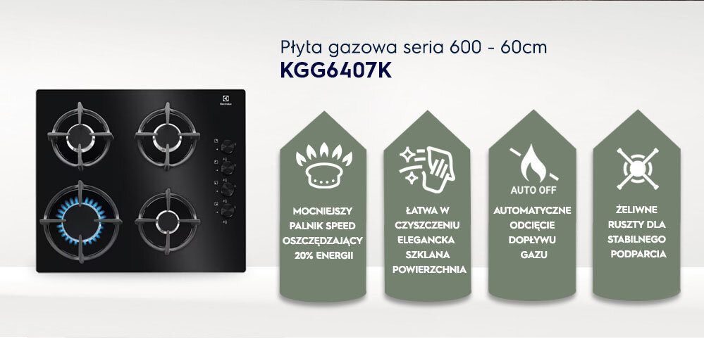 Obraz przedstawia płytę gazową z czterema palnikami, z których jeden jest włączony. Obok znajdują się cztery ikony z tekstami: \'Mocniejszy palnik speed oszczędzający 20% energii\', \'Łatwa w czyszczeniu elegancka szklana powierzchnia\', \'Auto off automatyczne odcięcie dopływu gazu\', \'Żeliwne ruszty dla stabilnego podparcia\'.