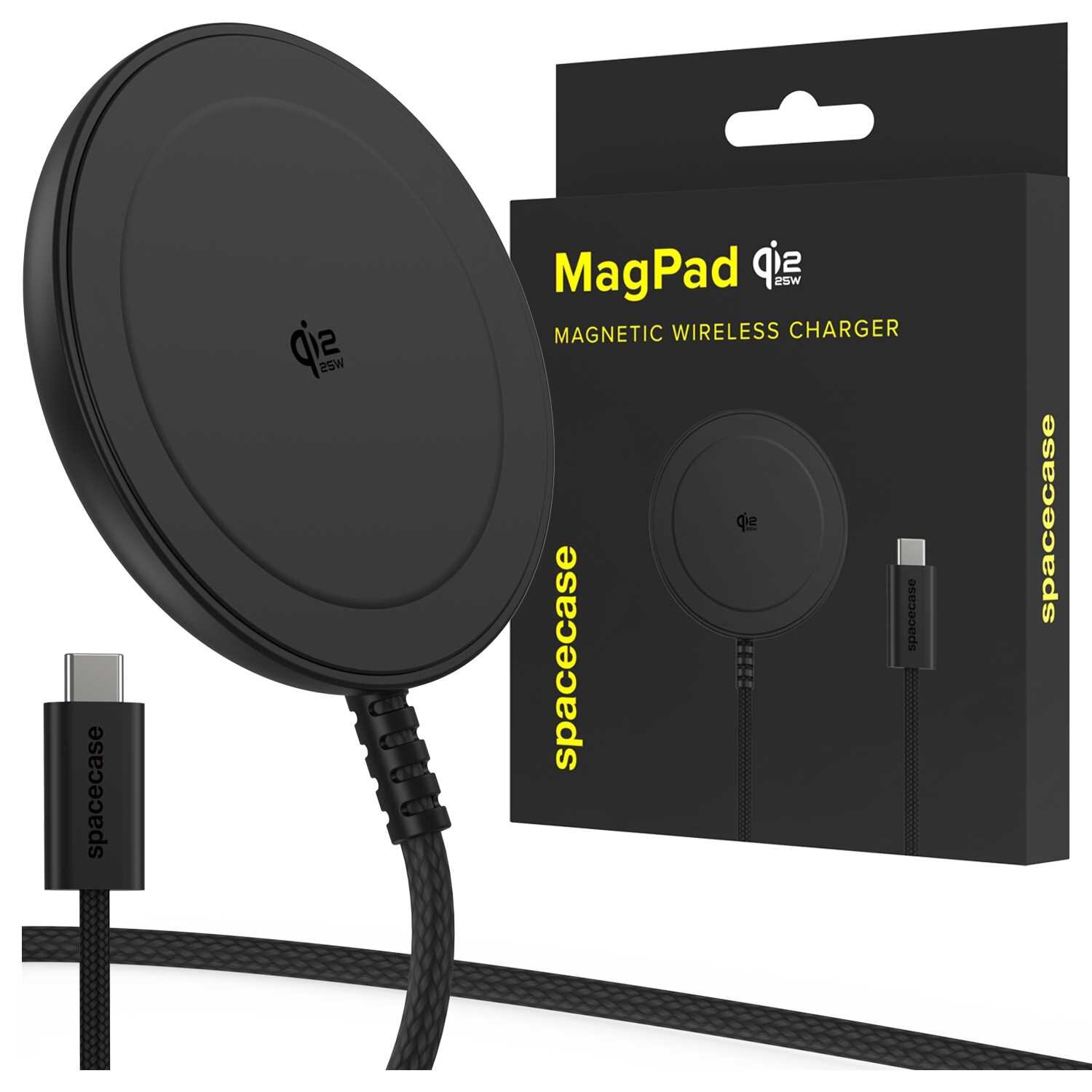 Czarna ładowarka indukcyjna z logo \'qi2 25W\' oraz opakowanie z napisem \'MagPad MAGNETIC WIRELESS CHARGER\'. Kabel z wtyczką USB-C ma napis \'spacecase\'.