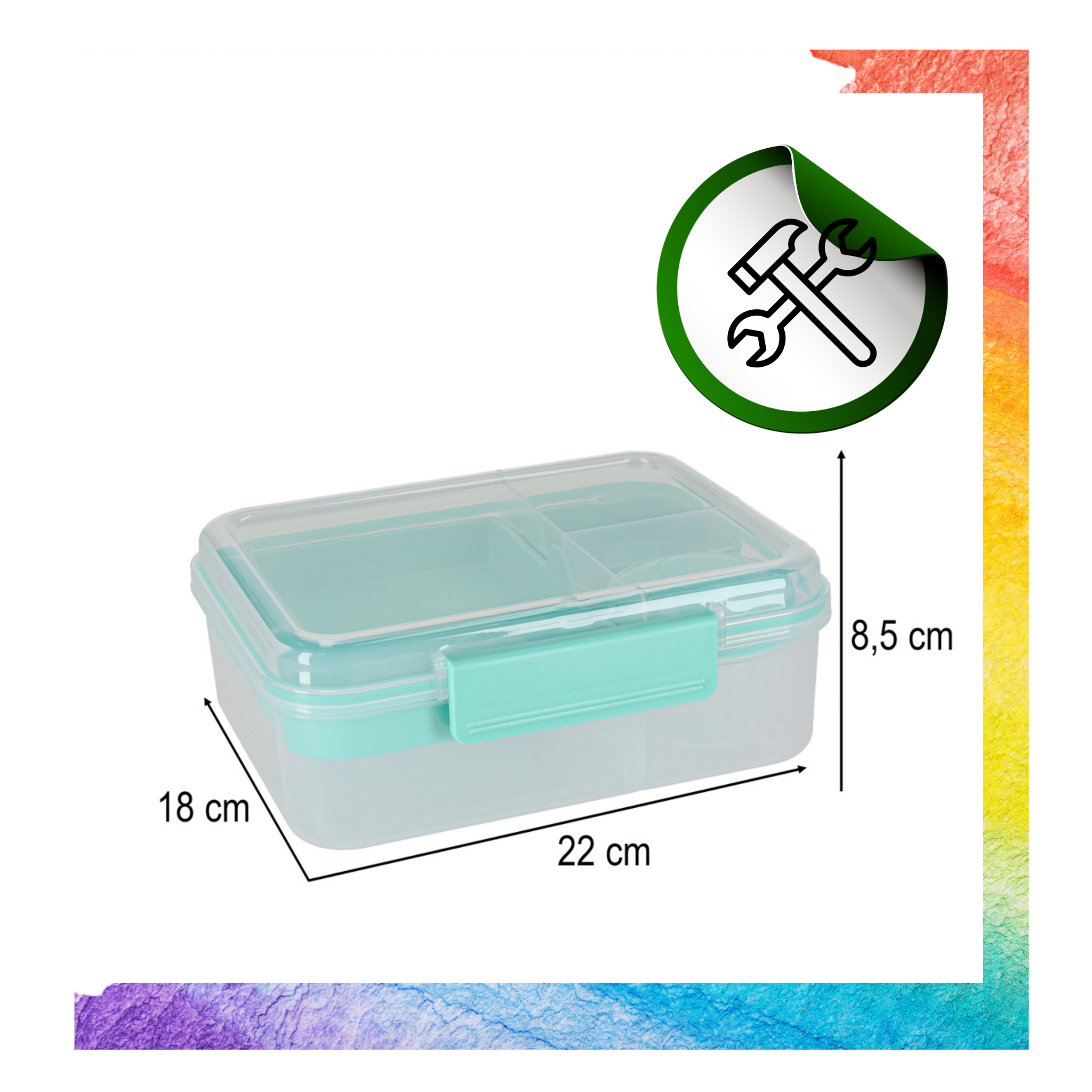 Przezroczysty lunchbox z miętowym zamknięciem i przegródkami, o wymiarach 22 cm x 18 cm x 8,5 cm. Obok znajduje się ikona z narzędziami w zielonym okręgu.