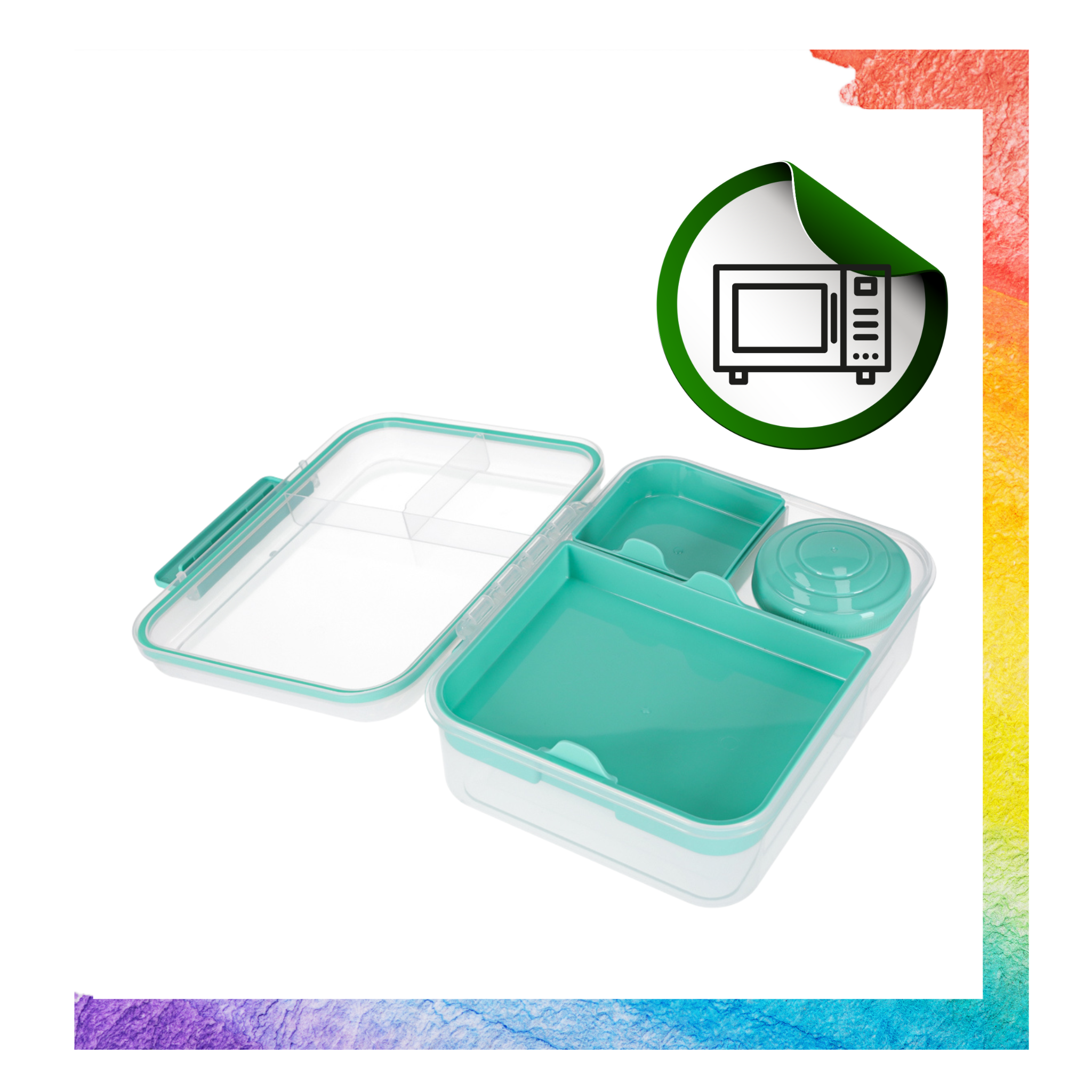 Na obrazie widoczny jest otwarty lunchbox z przegródkami w kolorze miętowym. W rogu znajduje się ikona przedstawiająca mikrofalówkę w zielonym okręgu.