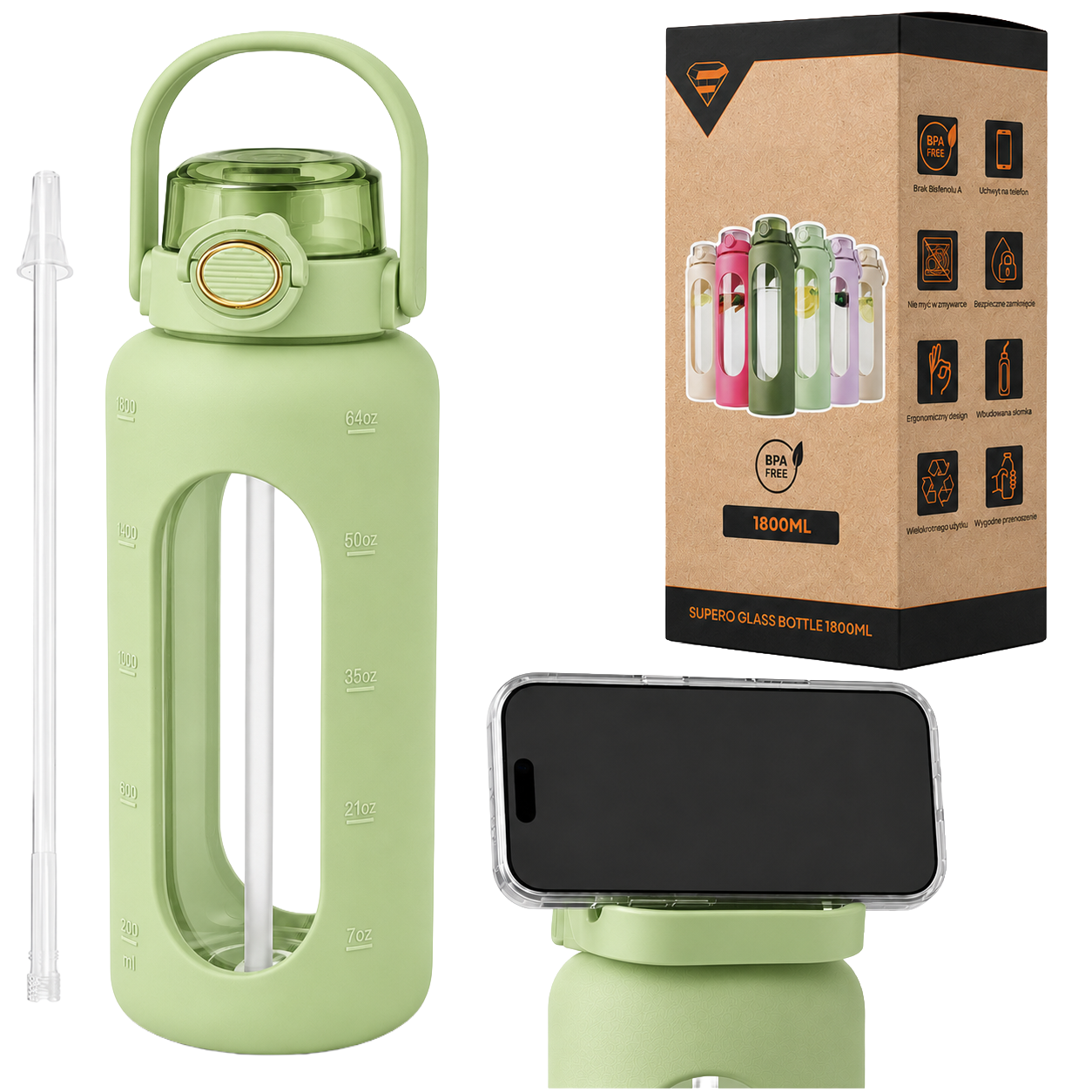 Zielona szklana butelka na wodę z miarką i słomką, obok opakowanie z napisem \'SUPERQ GLASS BOTTLE 1800ML\'. Na opakowaniu widoczne są ikony i napisy, w tym \'BPA FREE\' i \'1800ML\'.