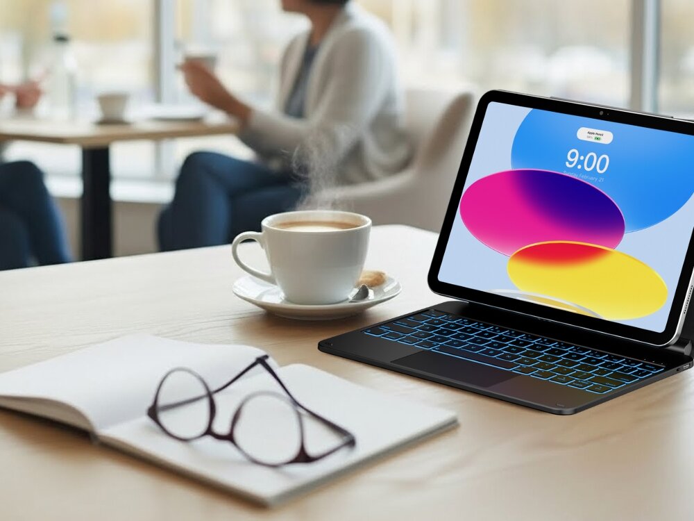 Na stole znajduje się otwarty laptop z kolorowym ekranem, obok filiżanka kawy i okulary. W tle widać dwie osoby siedzące przy stoliku w kawiarni.