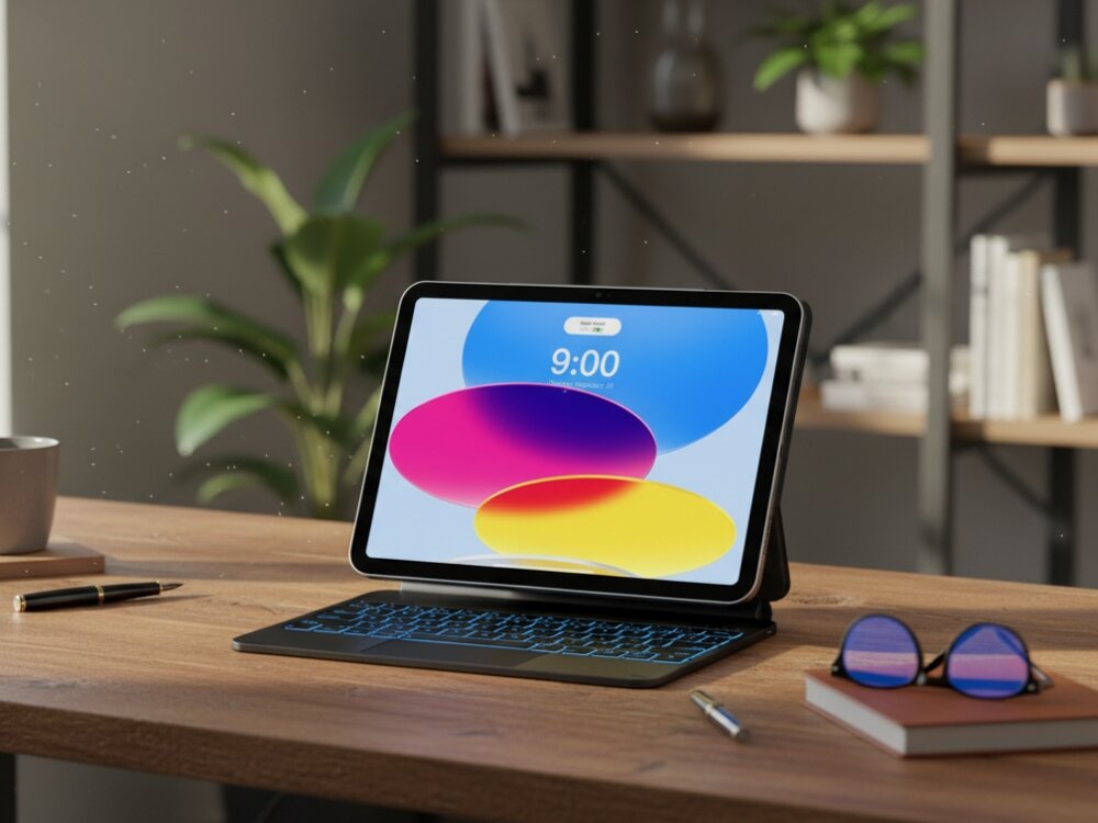 Na drewnianym biurku znajduje się tablet w etui z klawiaturą, wyświetlający kolorowy ekran z godziną 9:00. W tle widać roślinę i półki z książkami.