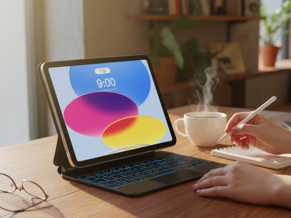 Tablet z klawiaturą w etui stoi na stole, na ekranie widoczna jest godzina 9:00 i kolorowe tło. Obok znajduje się filiżanka z parującym napojem, a ręka trzymająca rysik pisze w notatniku.