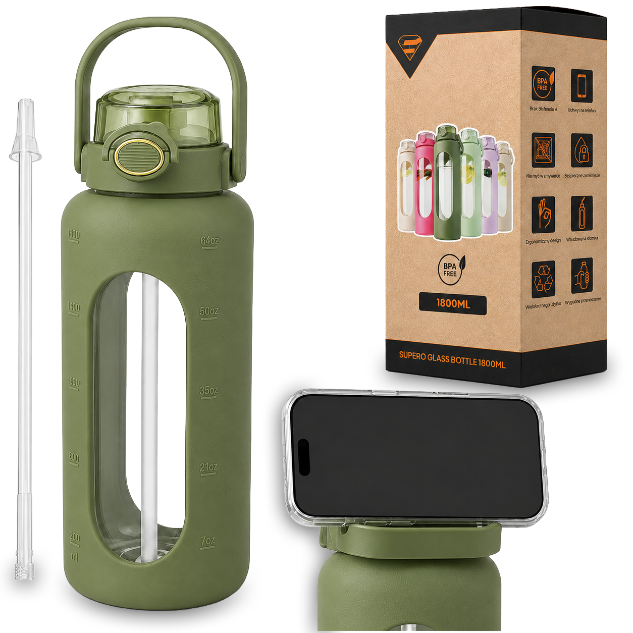 Zielona szklana butelka na wodę z miarką i słomką, obok której znajduje się pudełko z napisem \'SUPERQ GLASS BOTTLE 1800ML\'. Na pudełku widoczne są ikony i napis \'BPA FREE\'.
