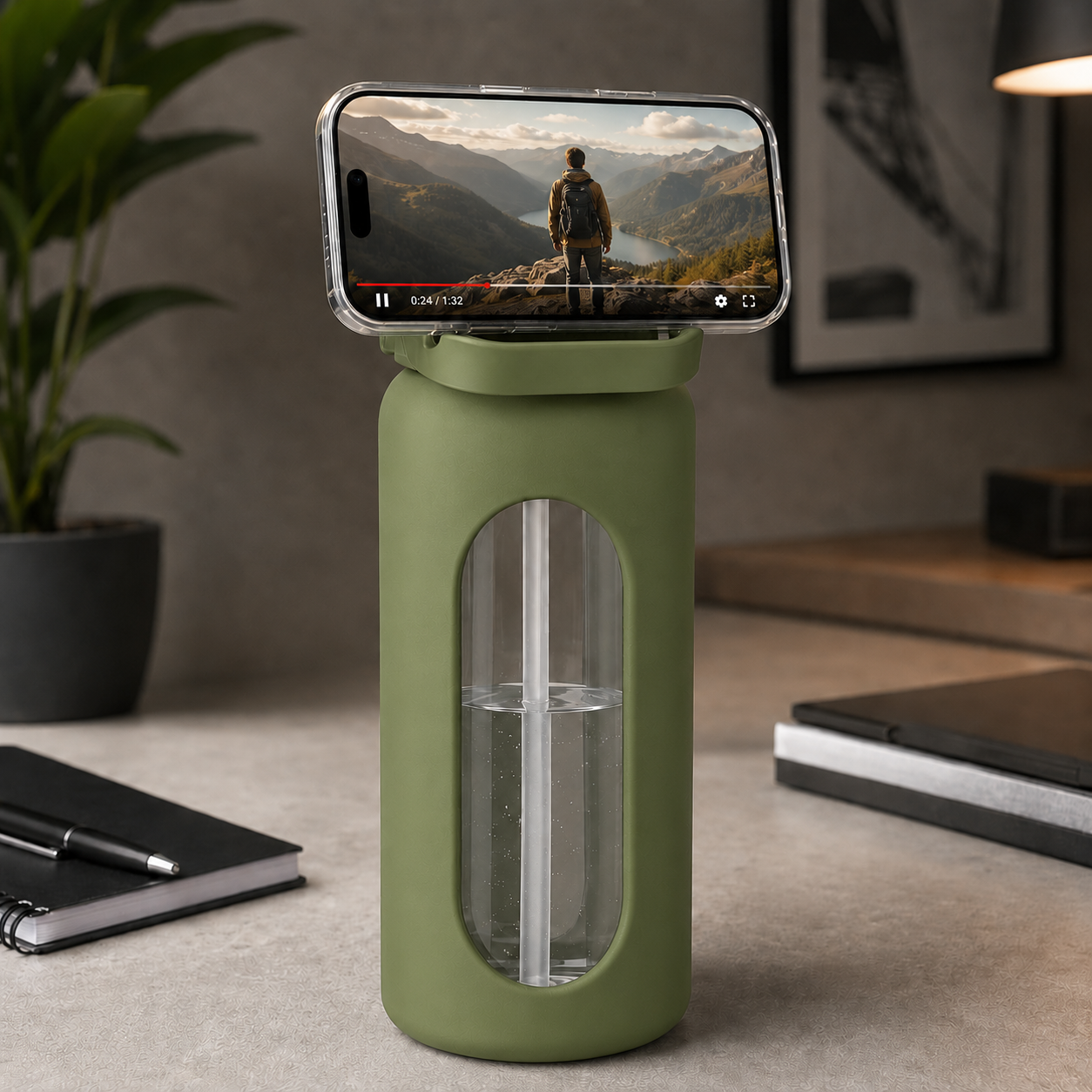 Zielona szklana butelka na wodę z przezroczystym okienkiem i słomką, na której górze umieszczony jest smartfon odtwarzający film z widokiem na góry. W tle widać roślinę doniczkową, notes i długopis na biurku.