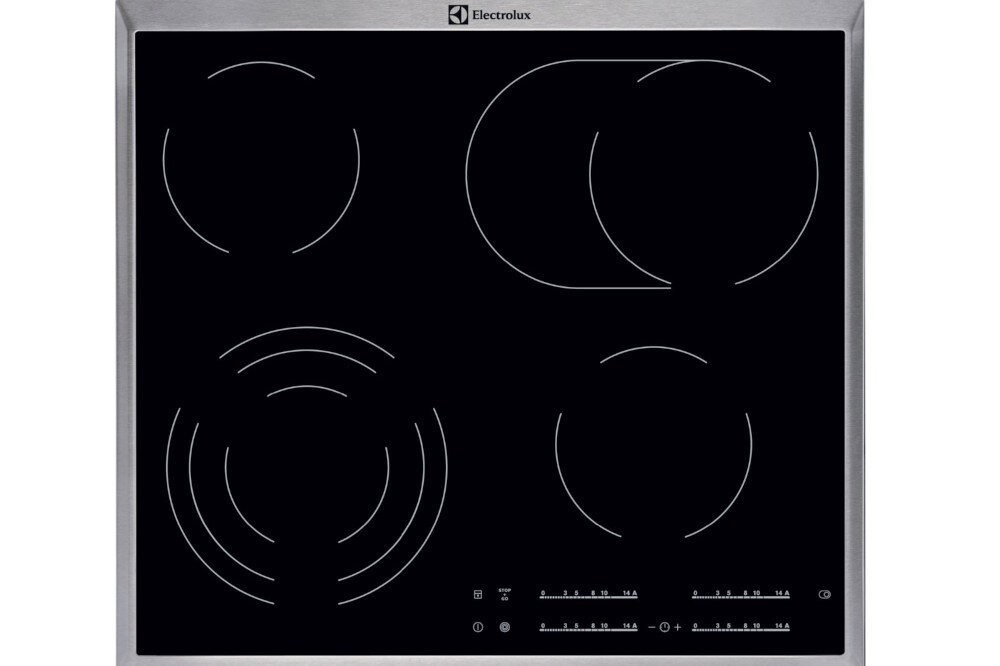 Czarna płyta ceramiczna z czterema polami grzewczymi i panelem dotykowym. Na górze widoczne jest logo Electrolux.