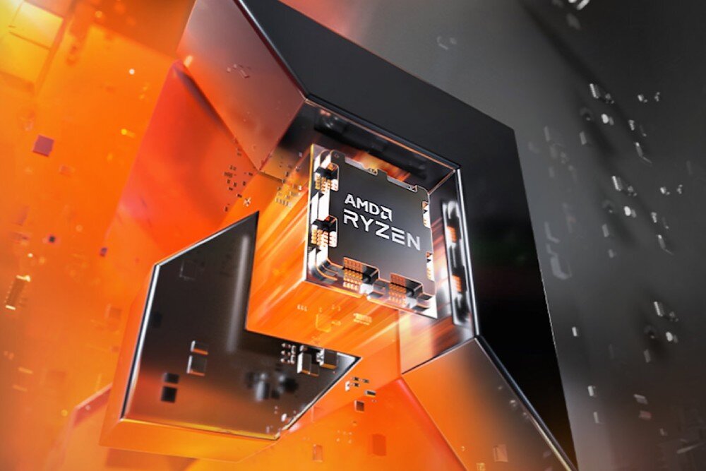 Komputer MAD DOG CF5000D-A01DR32 Grafika przedstawiająca procesor AMD Ryzen na tle pomarańczowej, futurystycznej kompozycji. Chip otoczony jest elementami przypominającymi obwody elektroniczne, procesor, rdzenie, szybkość, technologie