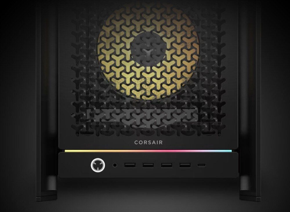 Komputer MAD DOG CF5000D-A01DR32 Dolny panel obudowy komputerowej z przyciskiem zasilania, gniazdem audio oraz portami USB i USB-C