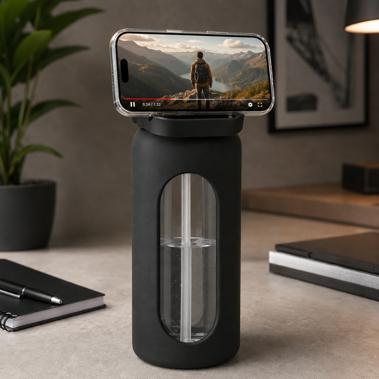Czarna szklana butelka na wodę z przezroczystym okienkiem i słomką, na której górze umieszczony jest smartfon wyświetlający film z widokiem na góry. W tle widać roślinę doniczkową, notes i długopis na biurku.