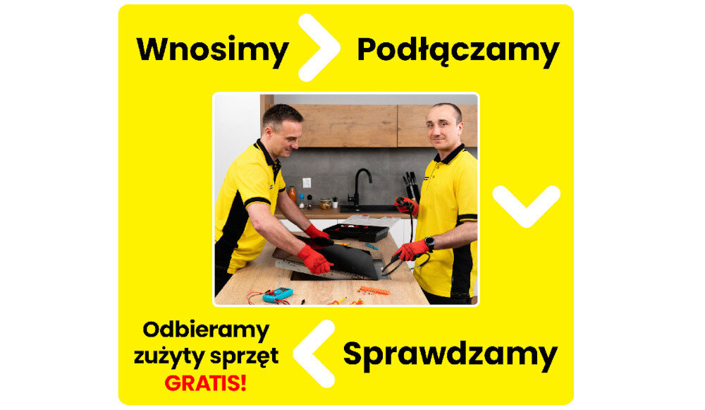 Na żółtym tle widoczny jest napis: \'Wnosimy\', \'Podłączamy\', \'Odbieramy zużyty sprzęt GRATIS!\', \'Sprawdzamy\'. W środku zdjęcia dwóch mężczyzn w żółtych koszulkach montuje sprzęt kuchenny.