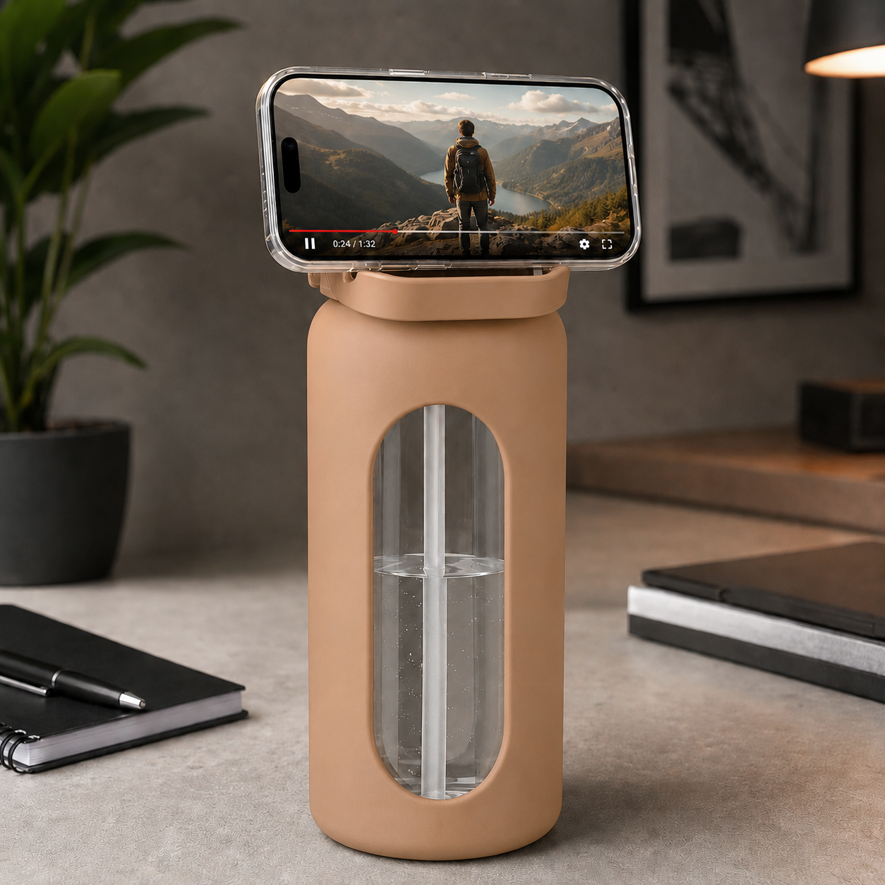 Szklana butelka na wodę z przezroczystym okienkiem i słomką, na której znajduje się telefon wyświetlający film z widokiem na góry. W tle widać roślinę doniczkową i notatnik z długopisem.