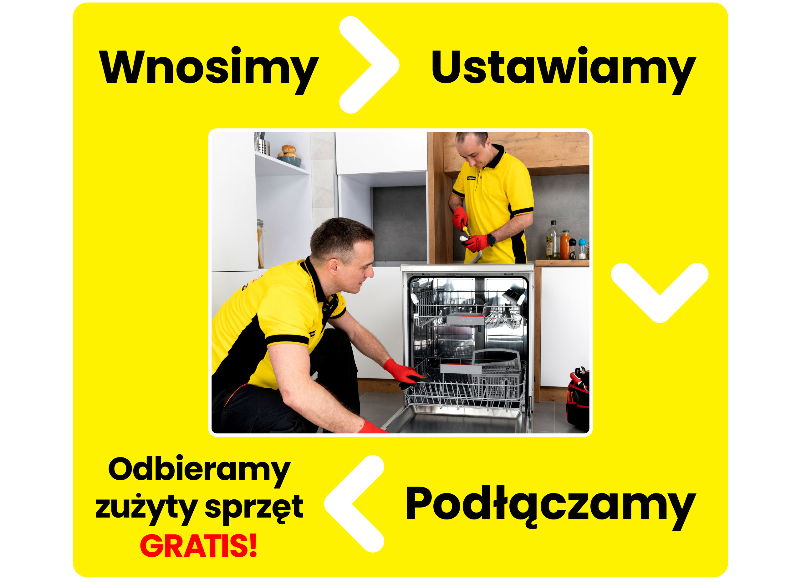 Dwóch mężczyzn w żółtych koszulkach montuje zmywarkę w kuchni. Na żółtym tle widnieje tekst: \'Wnosimy\', \'Ustawiamy\', \'Podłączamy\', \'Odbieramy zużyty sprzęt GRATIS!\'.