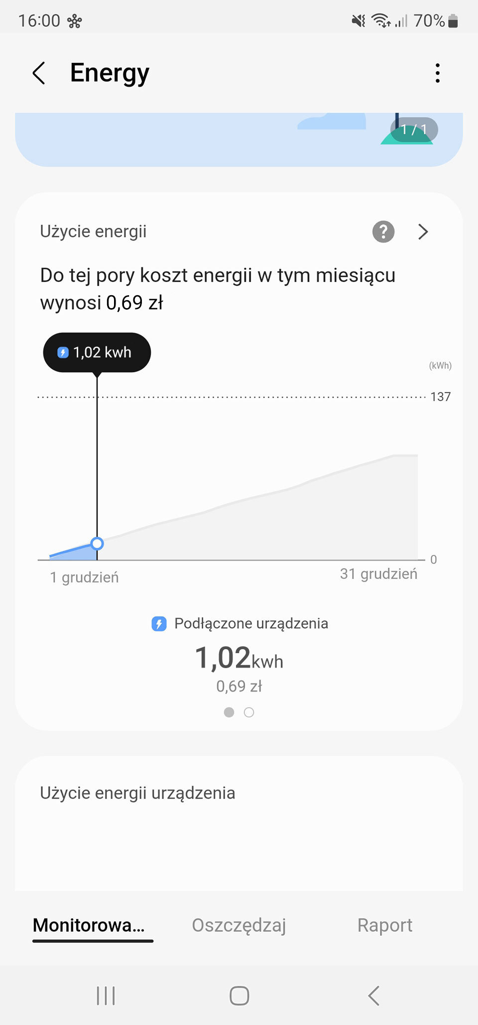 Ekran aplikacji pokazujący zużycie energii z wykresem. Tekst: \'Do tej pory koszt energii w tym miesiącu wynosi 0,69 zł\', \'Podłączone urządzenia 1,02 kwh\'.