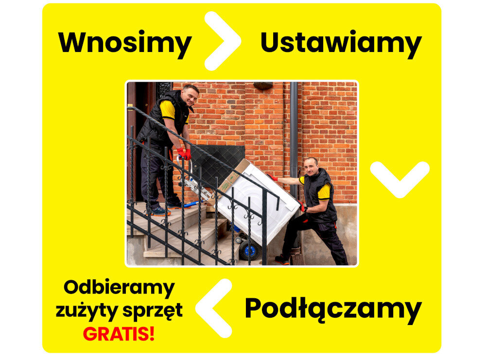 Dwóch mężczyzn wnosi sprzęt AGD po schodach na zewnątrz budynku z cegły. Na żółtym tle widnieją napisy: \'Wnosimy\', \'Ustawiamy\', \'Podłączamy\', \'Odbieramy zużyty sprzęt GRATIS!\'.