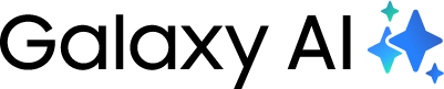 Logo z napisem \'Galaxy AI\' z niebieskimi i zielonymi gwiazdkami po prawej stronie.