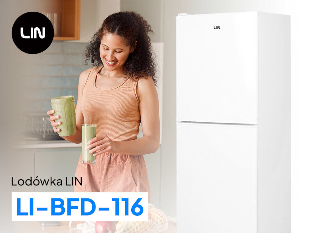 Na obrazie widoczna jest biała lodówka z logo LIN oraz osoba trzymająca zielony napój. Tekst na obrazie: \'Lodówka LIN LI-BFD-116\'.