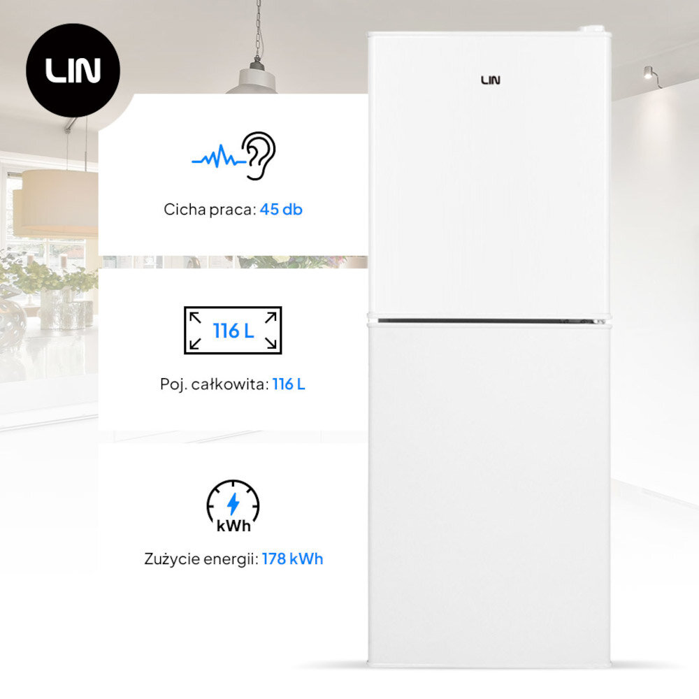 Na obrazie widoczna jest biała lodówka z logo LIN. Obok znajdują się informacje: \'Cicha praca: 45 db\', \'Poj. całkowita: 116 L\', \'Zużycie energii: 178 kWh\'.