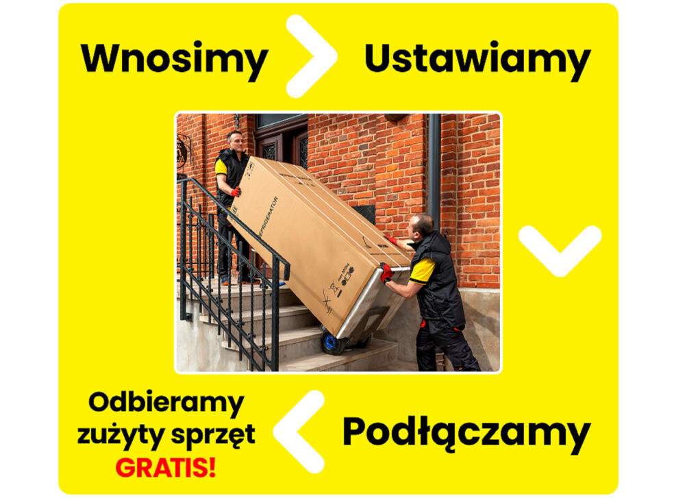 Dwóch mężczyzn wnosi dużą kartonową paczkę po schodach przed budynkiem z cegły. Na żółtym tle wokół zdjęcia znajdują się napisy: \'Wnosimy\', \'Ustawiamy\', \'Odbieramy zużyty sprzęt GRATIS!\', \'Podłączamy\'.