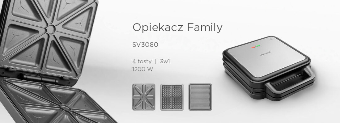 Obraz przedstawia opiekacz z otwartą pokrywą, ukazujący wnętrze z miejscem na cztery tosty. Obok widoczny jest zamknięty opiekacz oraz trzy wymienne płyty, a także tekst: \'Opiekacz Family SV3080, 4 tosty | 3w1, 1200 W\'.