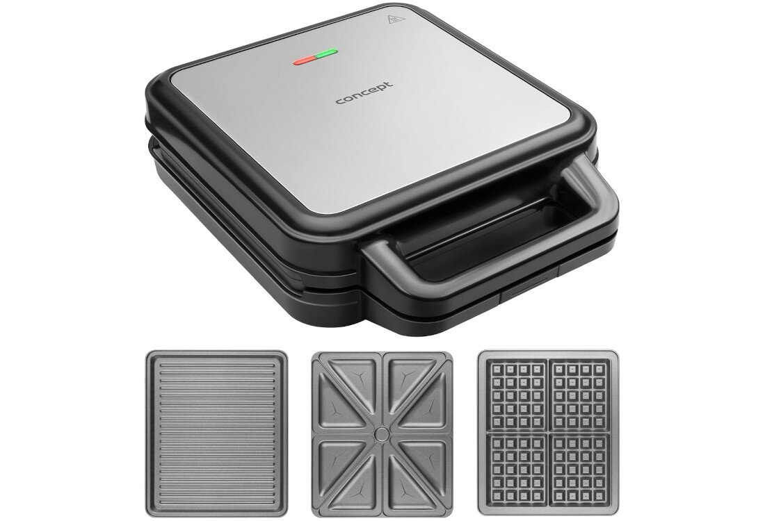 Na obrazie widoczny jest opiekacz z logo \'concept\' na górnej pokrywie oraz trzy wymienne płyty: grillowa, do kanapek i do gofrów. Na pokrywie znajdują się dwie kontrolki: czerwona i zielona.