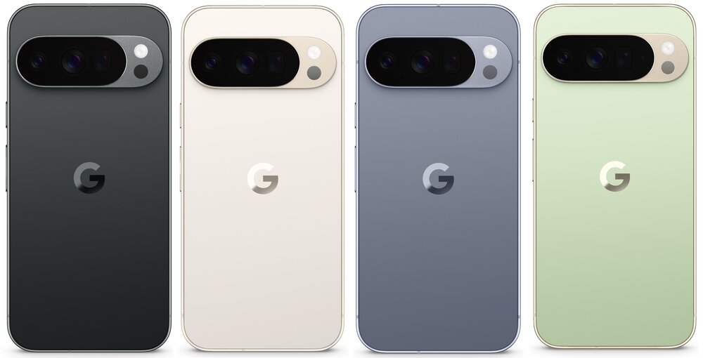 Cztery smartfony z logo \'G\' na tylnej obudowie, w kolorach czarnym, kremowym, niebieskim i zielonym. Każdy z nich ma prostokątny moduł aparatu z trzema obiektywami i lampą błyskową.
