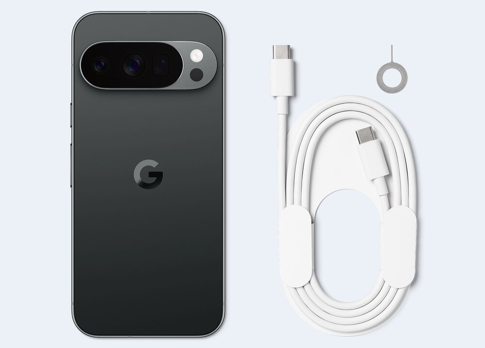 Na obrazie widoczny jest czarny smartfon z logo \'G\' oraz biały kabel USB-C z metalowym narzędziem do wyjmowania karty SIM. Smartfon ma trzy obiektywy aparatu umieszczone w poziomej ramce.