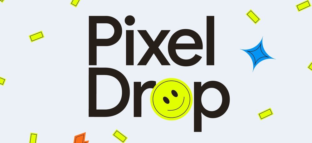 Grafika przedstawia napis \'Pixel Drop\' z uśmiechniętą buźką w żółtym kółku. W tle widoczne są kolorowe prostokąty i niebieski kształt przypominający gwiazdkę.