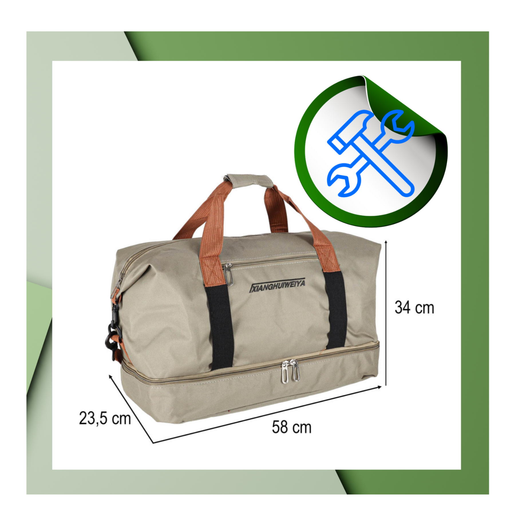 Beżowa torba podróżna z brązowymi uchwytami i czarnymi paskami, z widocznymi wymiarami: 58 cm długości, 34 cm wysokości i 23,5 cm szerokości. Na torbie znajduje się napis \'KANGHUIWEIYA\'.