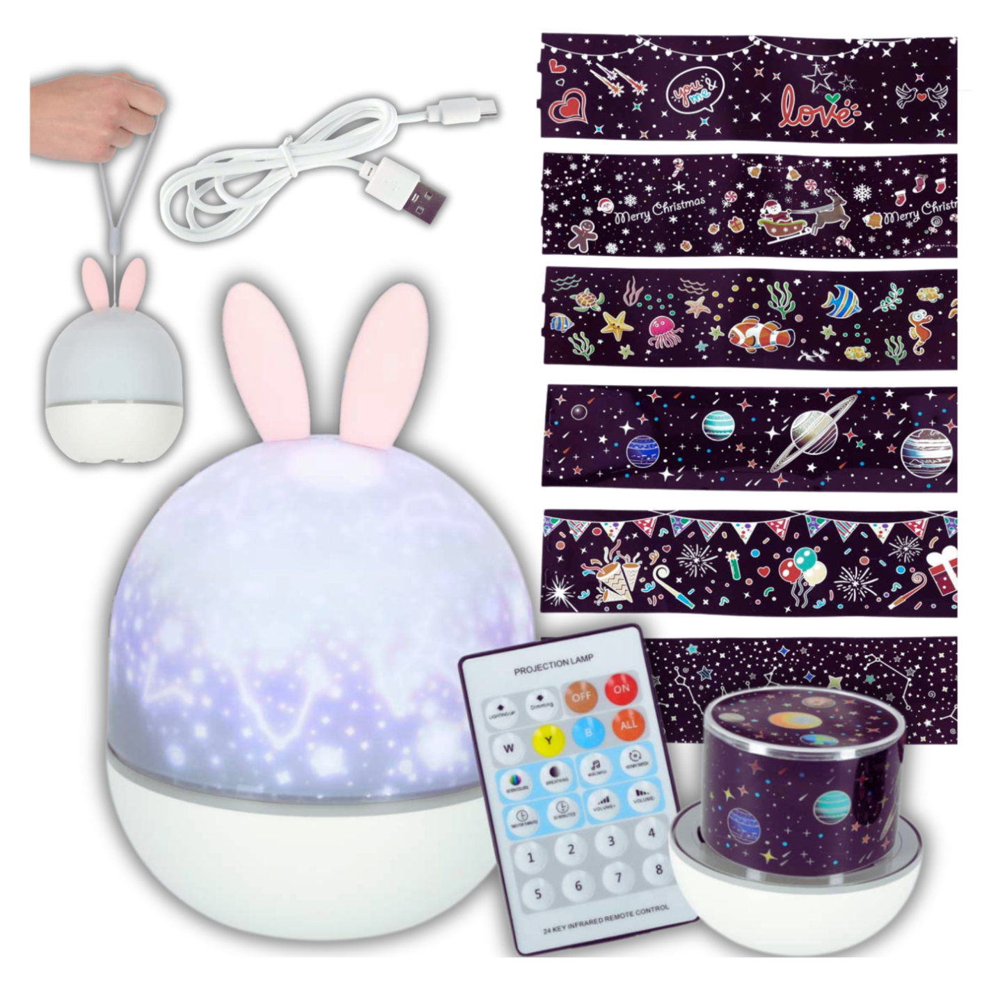 Na obrazie znajduje się projektor w kształcie kuli z uszami królika, obok którego leży pilot z napisem \'PROJECTION LAMP\' oraz kabel USB. W tle widoczne są różne wzory do projekcji, w tym motywy kosmiczne i świąteczne.