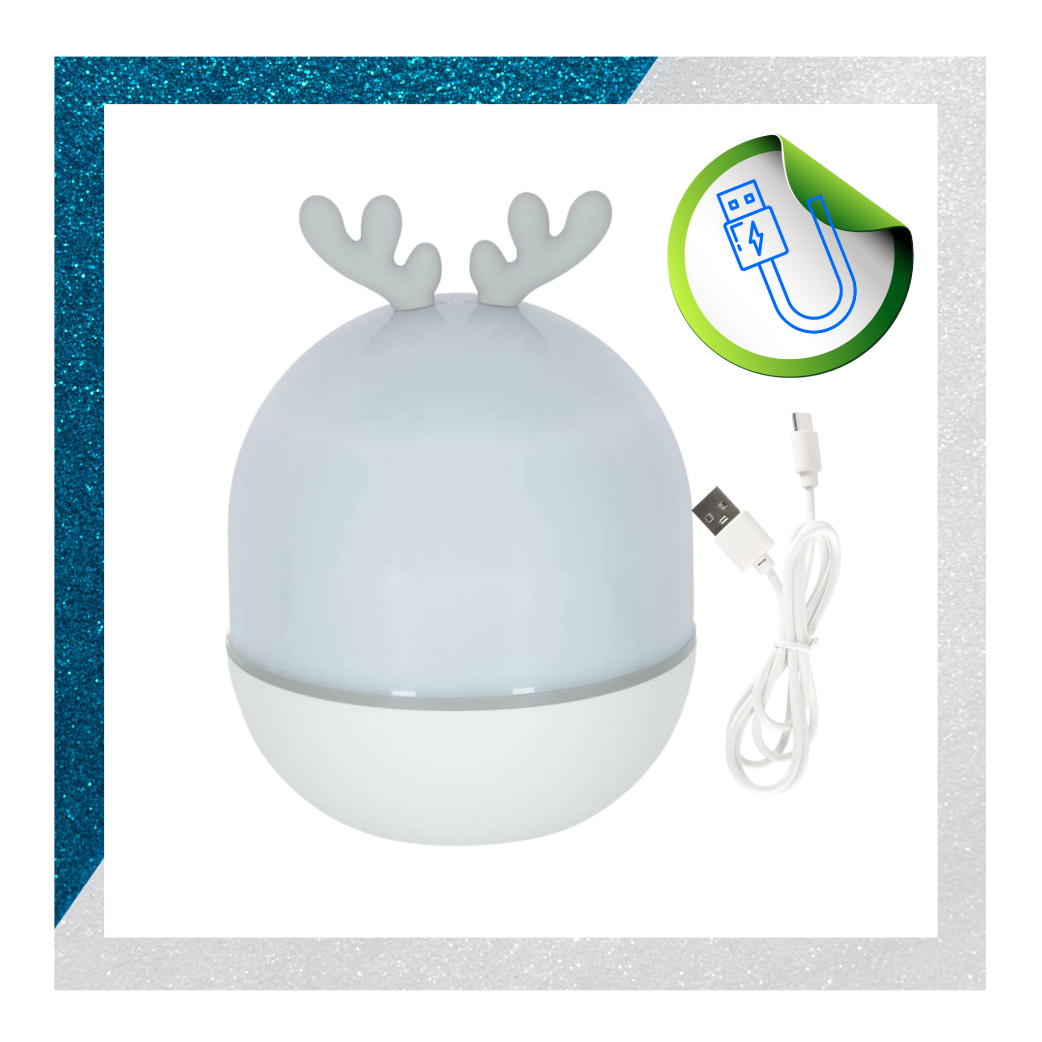 Na obrazie znajduje się lampka nocna w kształcie kopuły z rogami, obok której leży biały kabel USB. W prawym górnym rogu widoczna jest ikona z symbolem kabla USB na zielonym tle.