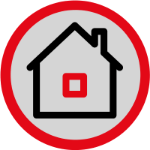 Ikona przedstawia czarny zarys domu z czerwonym kwadratem w środku, otoczona czerwoną obwódką na szarym tle.