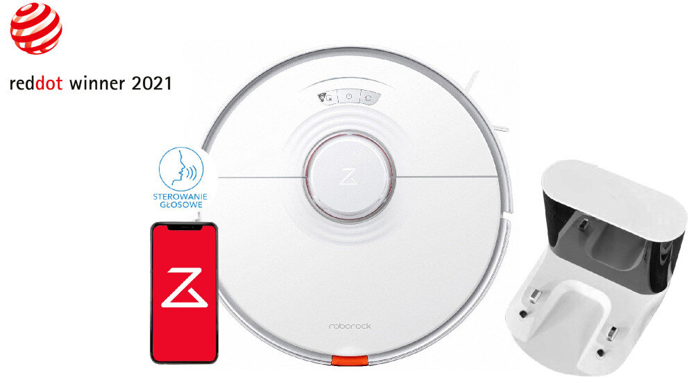 Na obrazie znajduje się biały robot sprzątający z logo \'Z\' na górze oraz stacja dokująca. Obok widoczny jest smartfon z ikoną sterowania głosowego i tekstem \'STROWANIE GŁOSOWE\', a także logo \'reddot winner 2021\'.