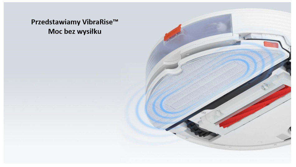 Obraz przedstawia biały robot sprzątający z widocznym mechanizmem VibraRise™ i niebieskimi falami symbolizującymi działanie. Na obrazie znajduje się tekst: \'Przedstawiamy VibraRise™ Moc bez wysiłku\'.