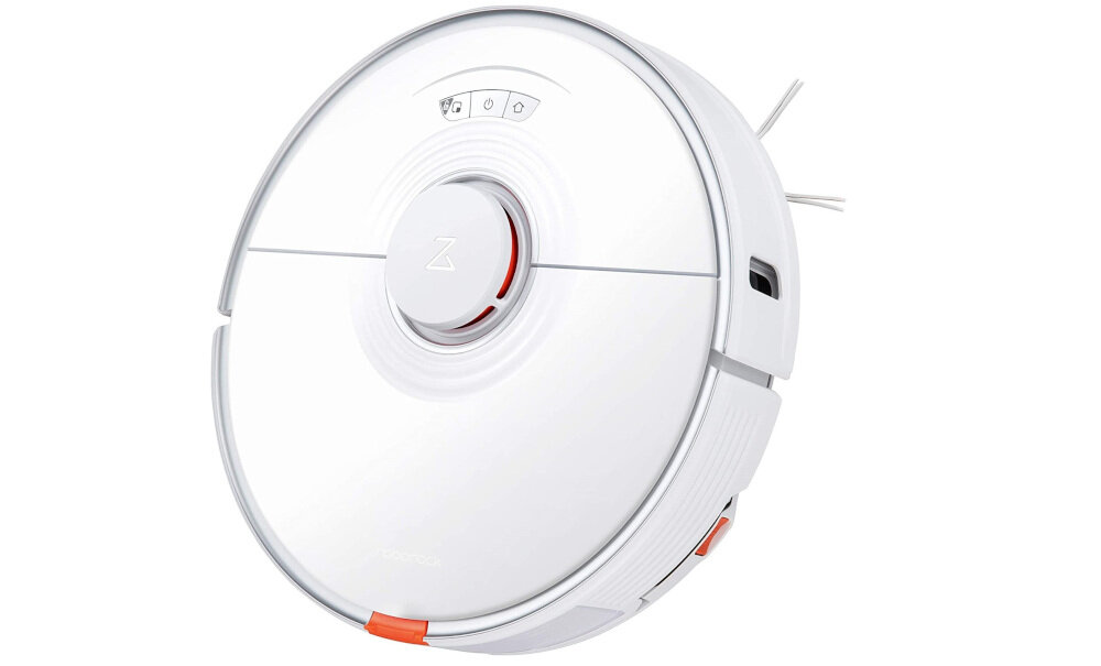 Biały robot sprzątający o okrągłym kształcie z widocznym logo \'Z\' na górze. Na obudowie znajdują się trzy ikony oraz napis \'roborock\'.
