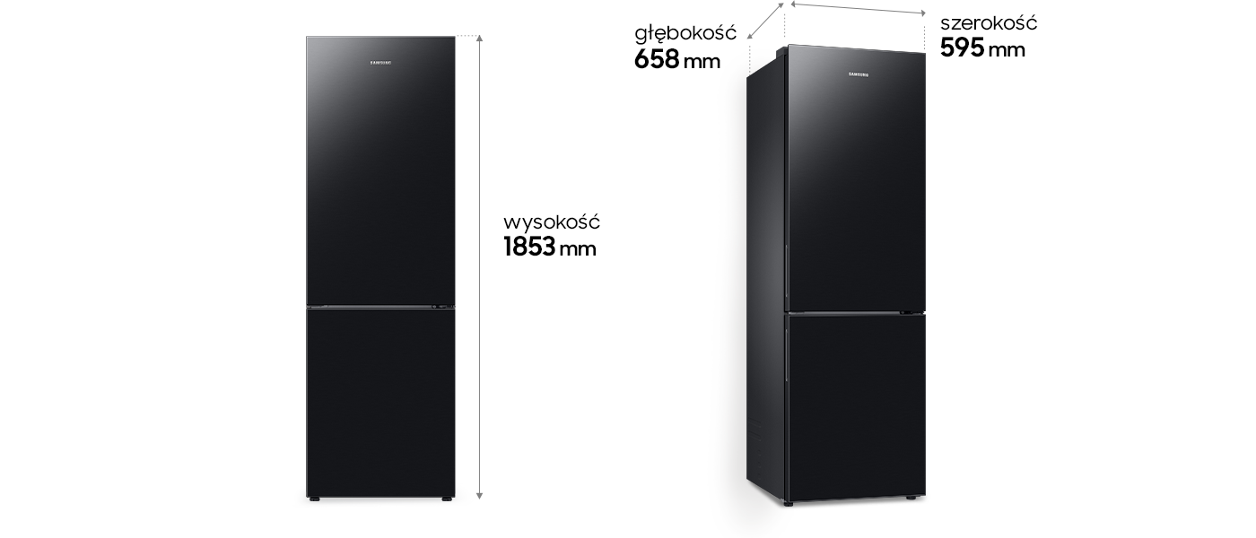 Wymiary lodówki RB33B610EBN Dwie czarne lodówki z logo Samsung, z oznaczeniami wymiarów: wysokość 1853 mm, głębokość 658 mm, szerokość 595 mm.
