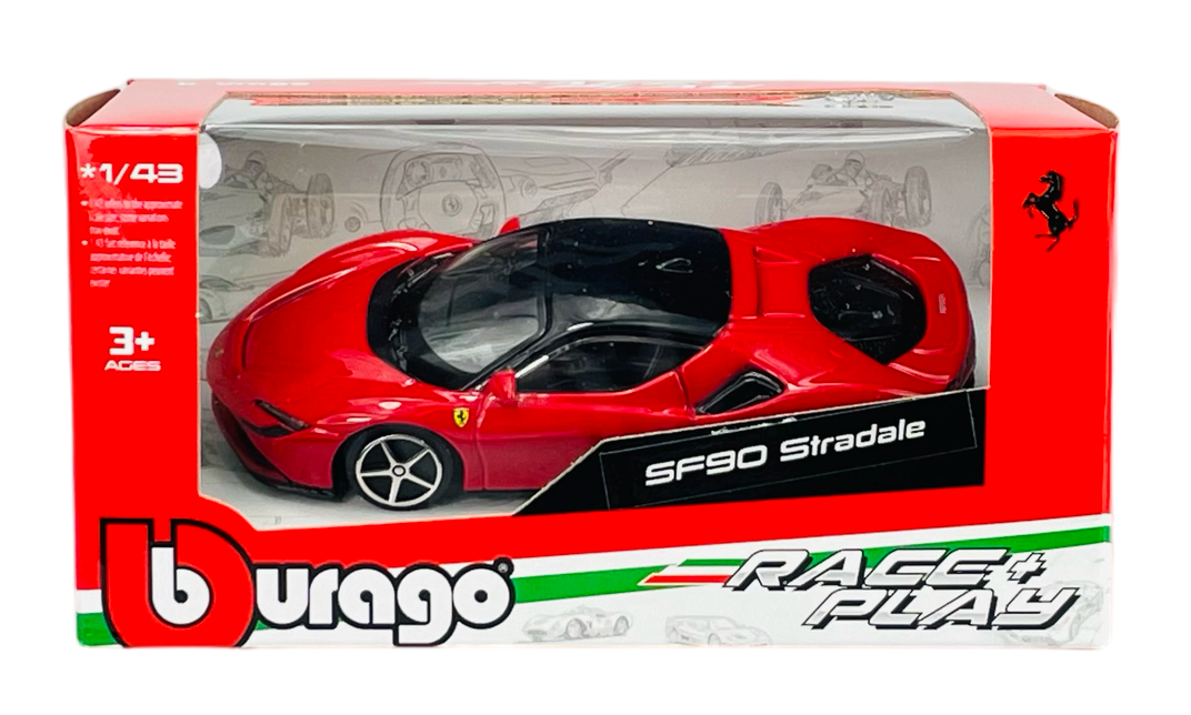 Opakowanie z czerwonym modelem samochodu Ferrari SF90 Stradale w skali 1:43. Na pudełku widoczne są napisy: \'Bburago\', \'SF90 Stradale\', \'Race & Play\' oraz logo Ferrari.