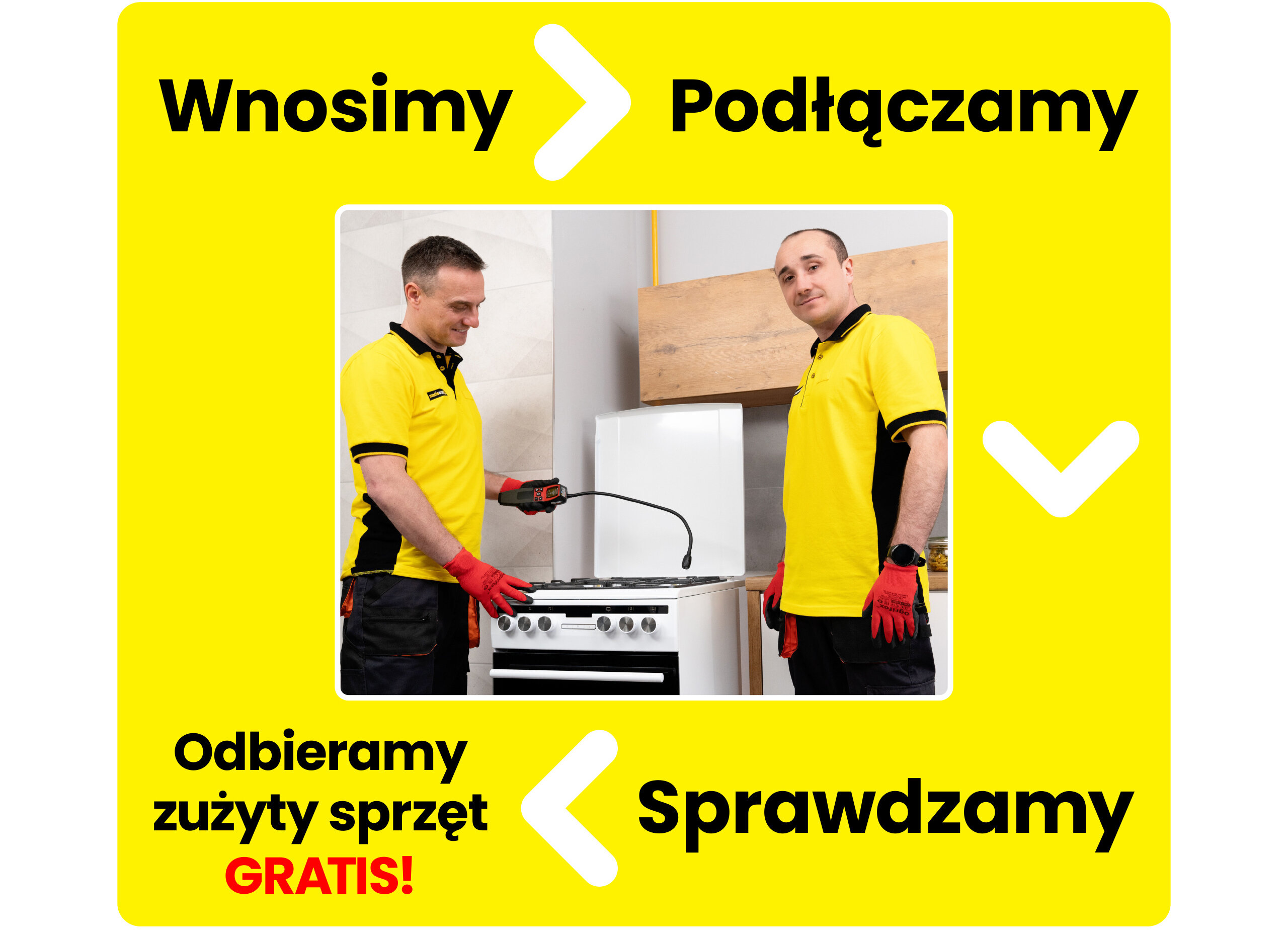 Dwóch mężczyzn w żółtych koszulkach i czerwonych rękawicach stoi przy kuchence, jeden z nich trzyma przewód. Na żółtym tle widnieją napisy: \'Wnosimy\', \'Podłączamy\', \'Odbieramy zużyty sprzęt GRATIS!\', \'Sprawdzamy\'.