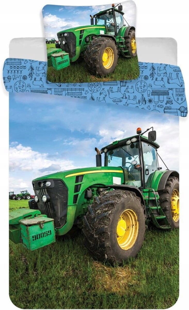 Pościel do łóżeczka z nadrukiem dużego zielonego traktora na tle pola i nieba. Poszewka na poduszkę również przedstawia ten sam traktor.