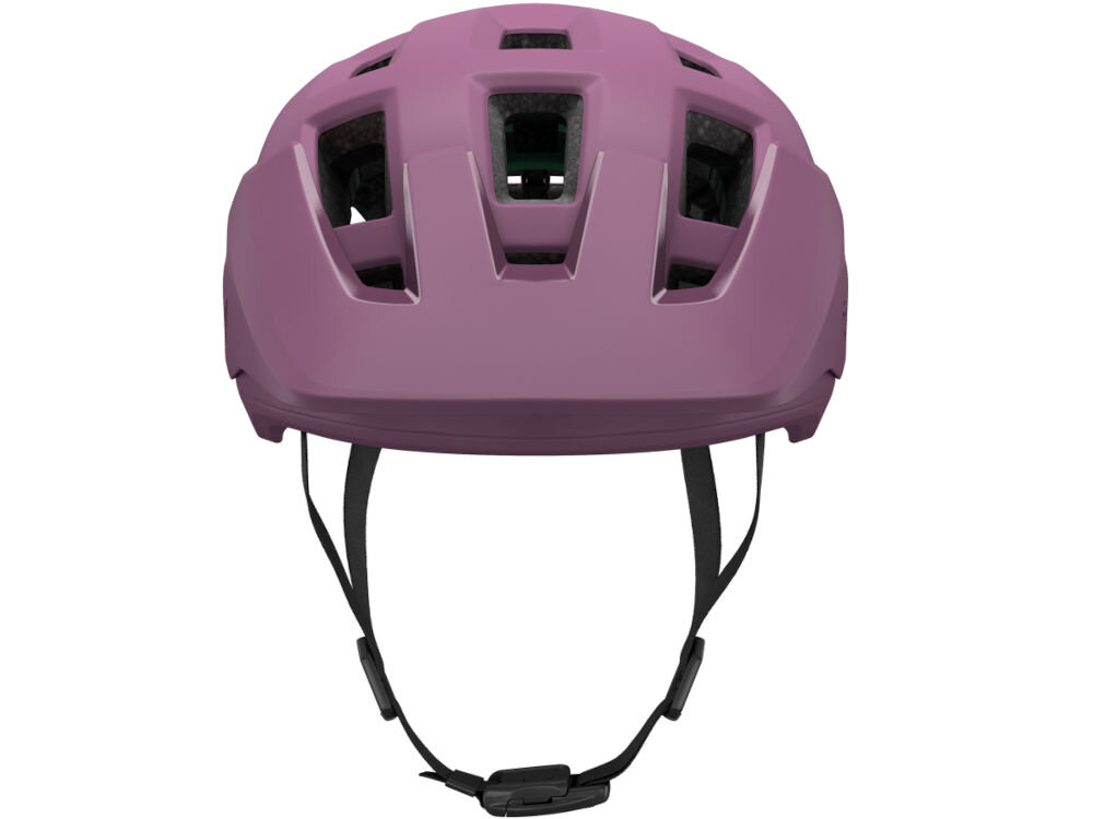 Fioletowy matowy kask rowerowy z kilkoma otworami wentylacyjnymi i czarnym paskiem pod brodą. Kask ma prosty, nowoczesny design.