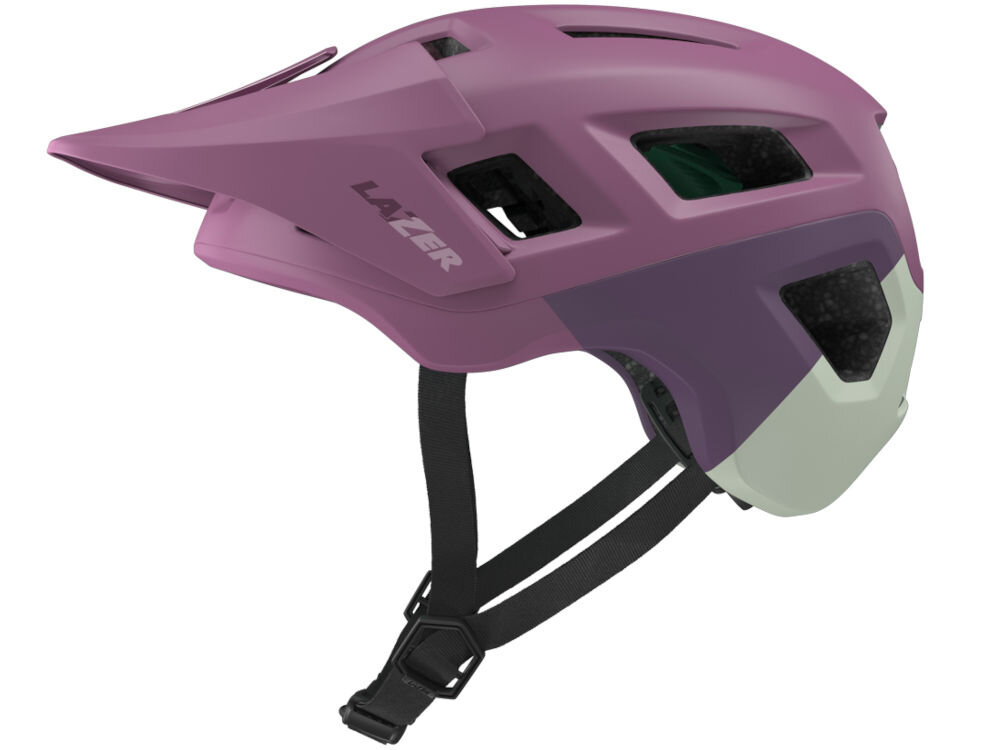Fioletowy matowy kask rowerowy z widocznym logo \'LAZER\'. Kask posiada otwory wentylacyjne i czarny pasek z zapięciem.