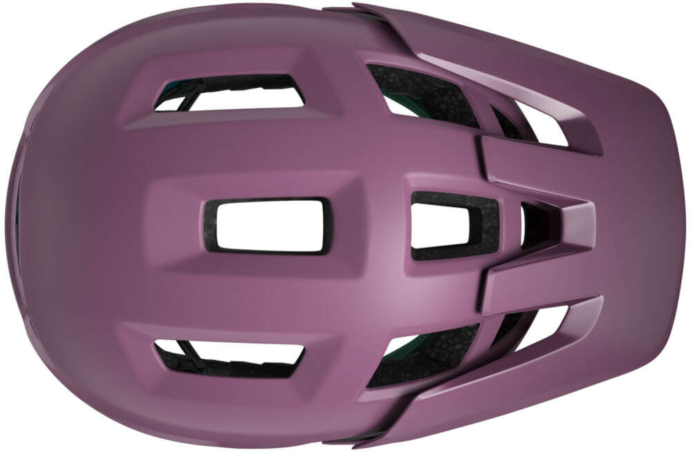 Fioletowy matowy kask rowerowy z kilkoma otworami wentylacyjnymi widziany z góry. Kask ma aerodynamiczny kształt i możliwość zamontowania lampki.